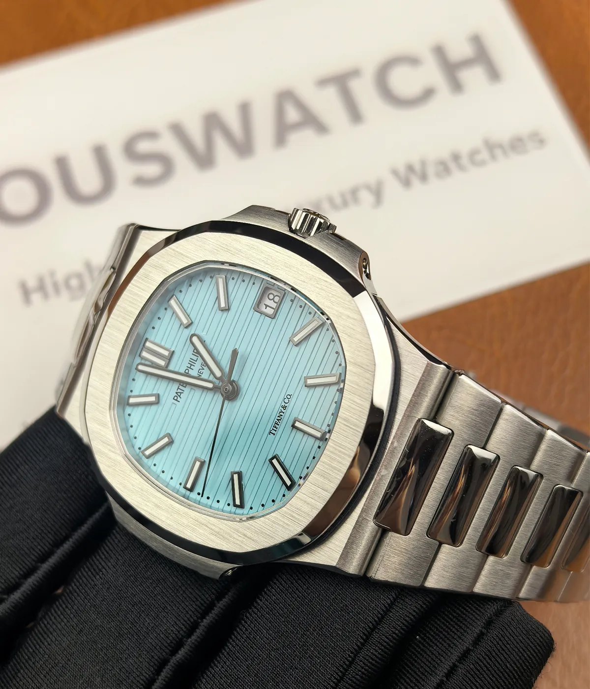 A -45-degree angle view of the Patek Philippe Nautilus Tiffany & Co Patek 5711 Blue Dial, giving a unique perspective on the watch's design.