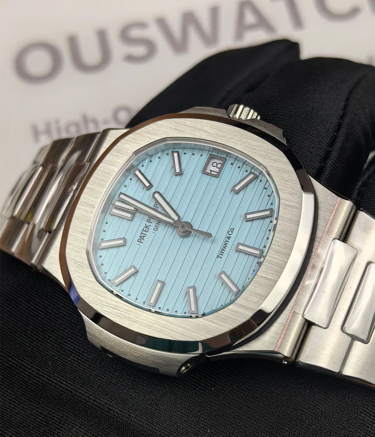 Close-up of the front dial and case of the Patek Philippe Nautilus Tiffany & Co Patek 5711 Blue Dial, highlighting the dial's vibrant blue color and the seamless case design.