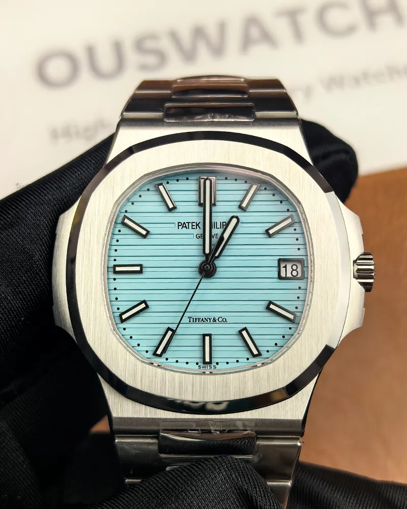 Front view of the Patek Philippe Nautilus Tiffany & Co Patek 5711 Blue Dial Men's Replica Watch, showcasing its signature blue dial and refined stainless steel case.