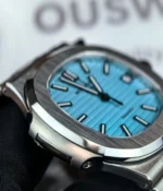 Side view of the Patek Philippe Nautilus Tiffany & Co Patek 5711 Blue Dial, showcasing the satin finish of the case and the smooth lines of the design.