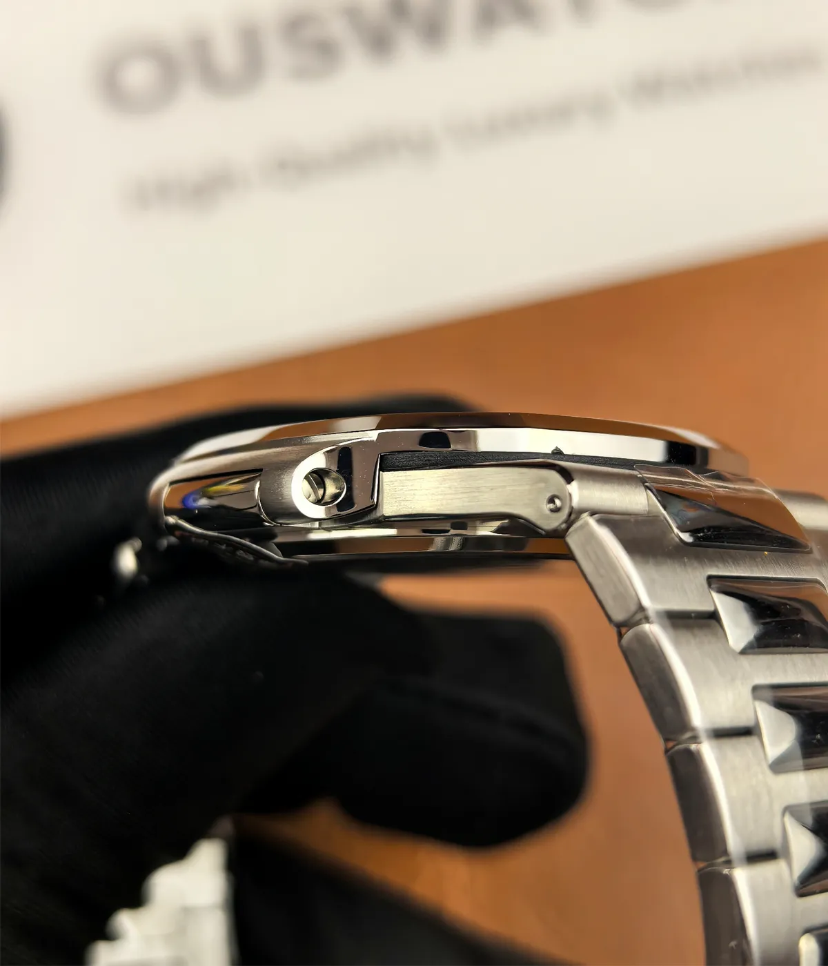 Side detail view of the Patek Philippe Nautilus Tiffany & Co Patek 5711, showcasing its slim profile and the luxurious feel of the case.