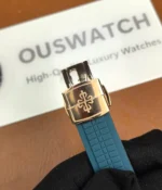 Close-up of the buckle on the Patek Philippe Rose Gold Aquanaut 5269R-001 strap, showcasing the high-quality design and craftsmanship.