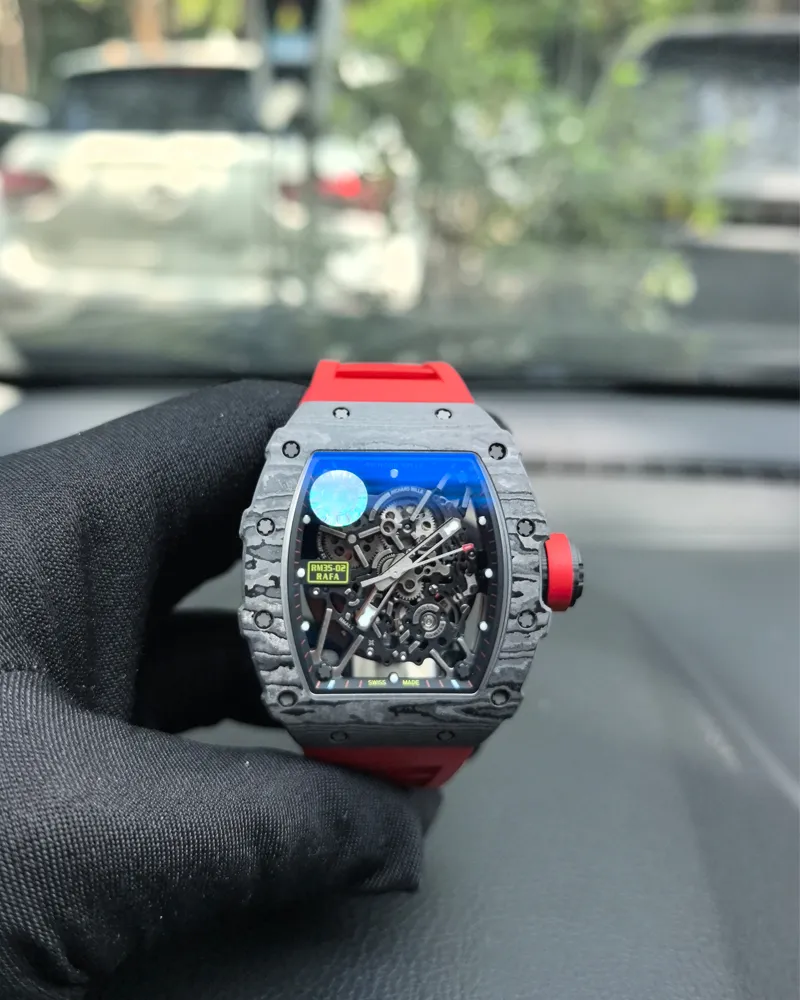 Front view of the Richard Mille RM 35-02 Quartz TPT replica showing the red band and