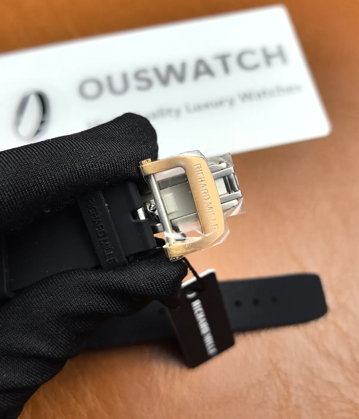 Detailed view of the Richard Mille RM07-01 watch buckle, showing the fine craftsmanship and mechanism.