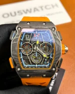 Front view of the RM65-01 replica showing the black dial, hands, and overall case design.