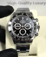 Front view of the Rolex 2025 Daytona Black on Black Ceramic Bezel 126500LN-0002 men's watch with a ceramic bezel and stainless steel Oyster bracelet.