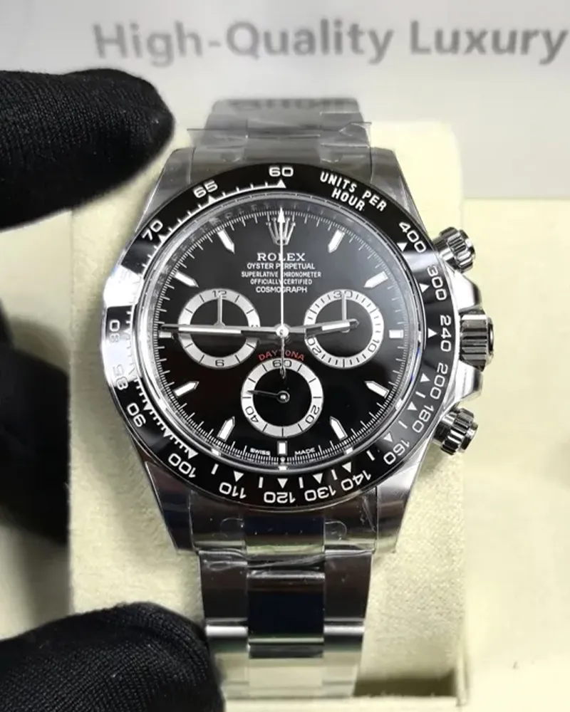 Front view of the Rolex 2025 Daytona Black on Black Ceramic Bezel 126500LN-0002 men's watch with a ceramic bezel and stainless steel Oyster bracelet.