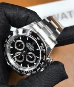 Close-up of the ceramic dial on the Rolex 2025 Daytona Black on Black Ceramic Bezel 126500LN-0002 men's watch.