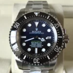 Front view of the Rolex 44MM D-Blue Dial M136660-0005 with a black ceramic bezel and Oyster strap.