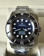 Front view of the Rolex 44MM D-Blue Dial M136660-0005 with a black ceramic bezel and Oyster strap.