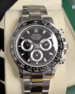 Front view of the Rolex Cosmograph Daytona 116500LN-0002 40mm men's watch with a black dial and ceramic bezel, featuring a stainless steel Oyster bracelet.