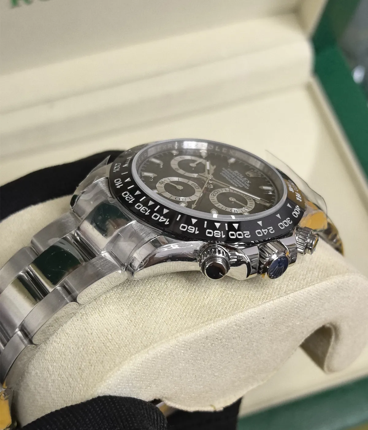 45-degree angle view of the Rolex Cosmograph Daytona 116500LN-0002 40mm men's watch with a black dial and ceramic bezel.