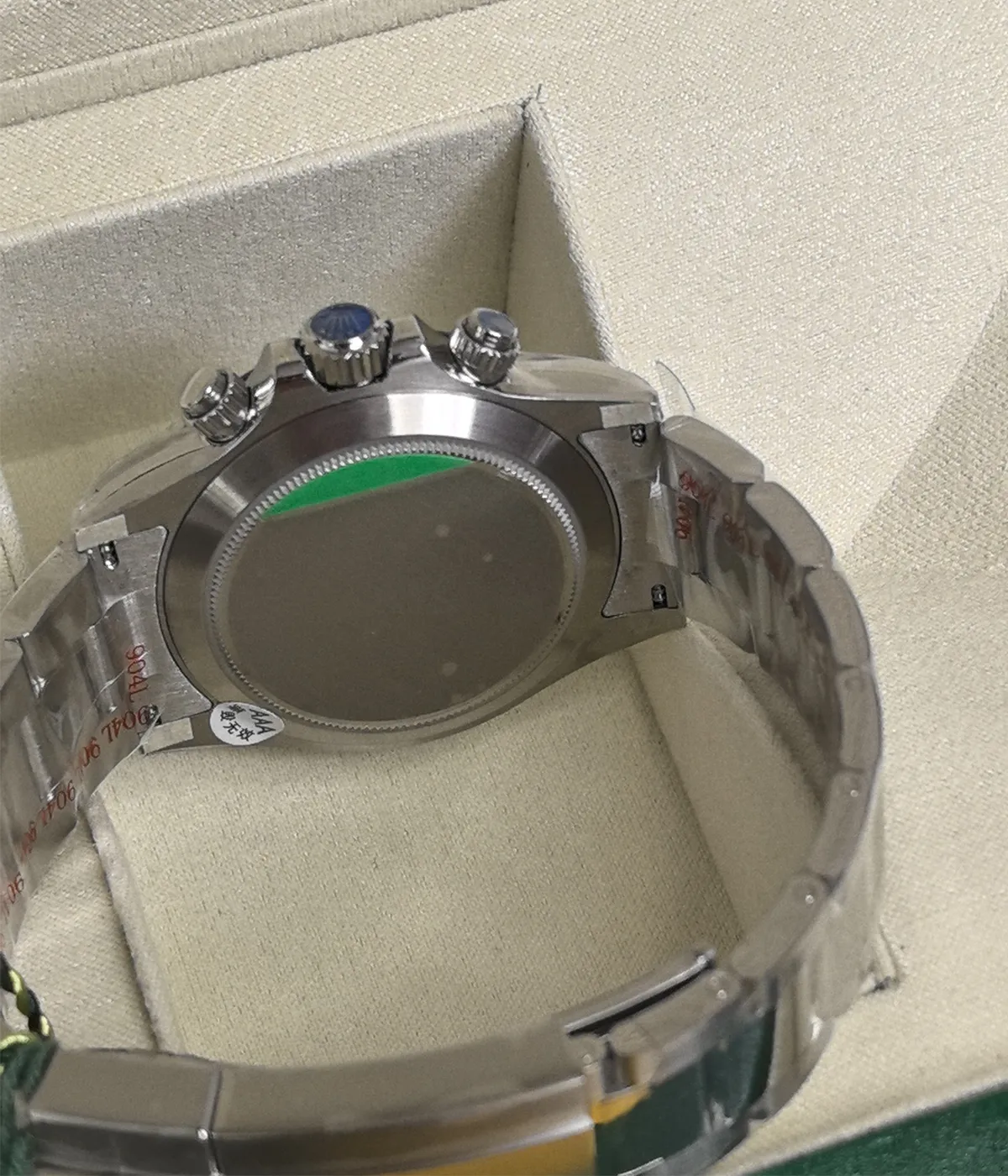 Close-up view of the caseback on the Rolex Cosmograph Daytona 116500LN-0002 40mm men's watch.