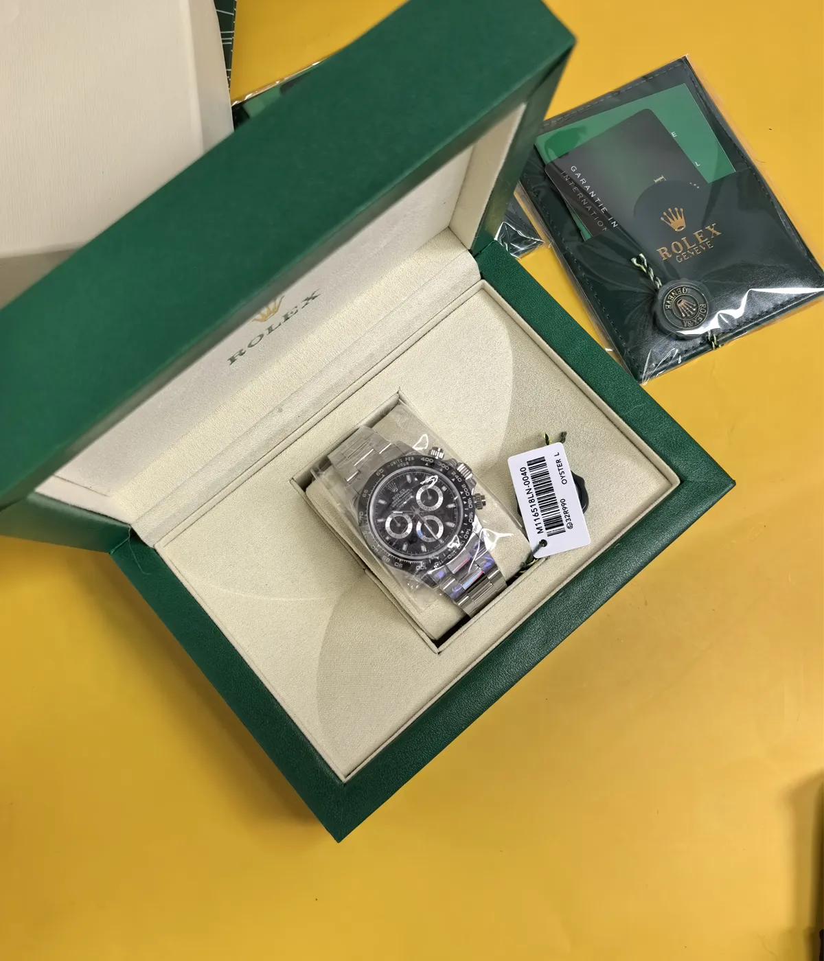 View of the packaging for the Rolex Cosmograph Daytona 116500LN-0002 40mm men's watch.