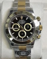 Front view of the Rolex Cosmograph Daytona Yellow Rolesor M126503 men's watch with an Oyster bracelet.