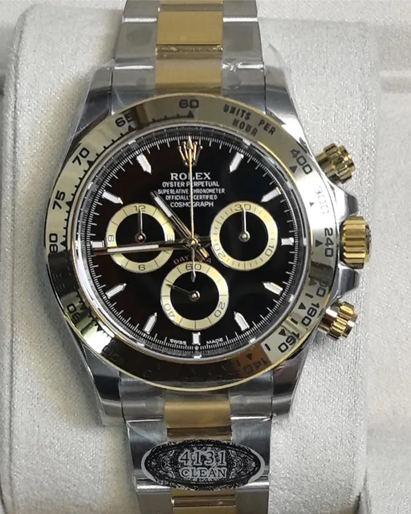 Front view of the Rolex Cosmograph Daytona Yellow Rolesor M126503 men's watch with an Oyster bracelet.