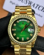 Front view of the Rolex Day-Date M128348RBR-0035 with a green dial, gold Oyster strap, and diamond bezel for women.