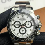 Front view of the Rolex Daytona 116500LN-0001 "Panda" 40mm men's watch with a white index dial, ceramic bezel, and stainless steel Oyster bracelet.