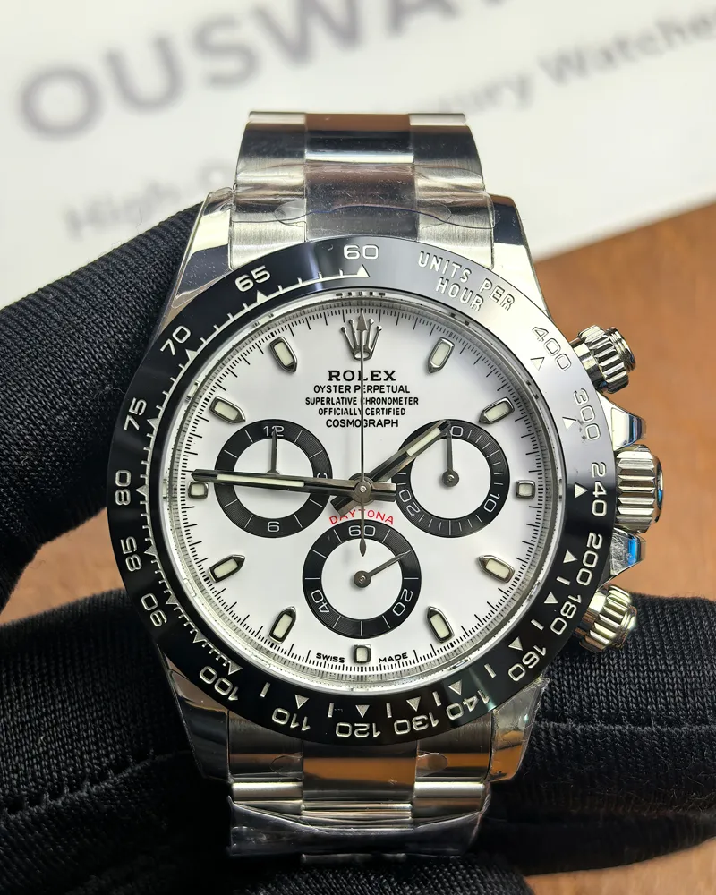 Front view of the Rolex Daytona 116500LN-0001 "Panda" 40mm men's watch with a white index dial, ceramic bezel, and stainless steel Oyster bracelet.