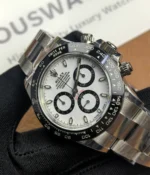 Close-up of the ceramic bezel and white dial on the Rolex Daytona 116500LN-0001 "Panda" 40mm watch.