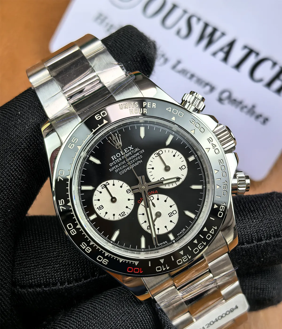 -25-degree angle view of the Rolex Daytona Le Mans 126529LN White Gold 40mm men's watch with a black luminous dial.