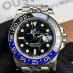 Front view of the Rolex GMT-Master Blue M126710BLNR-0002 with a black dial and Oystersteel case.