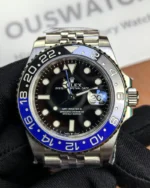 Front view of the Rolex GMT-Master Blue M126710BLNR-0002 with a black dial and Oystersteel case.