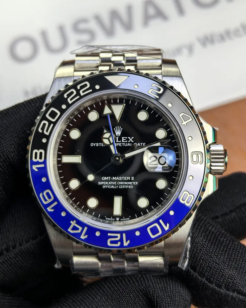 Front view of the Rolex GMT-Master Blue M126710BLNR-0002 with a black dial and Oystersteel case.
