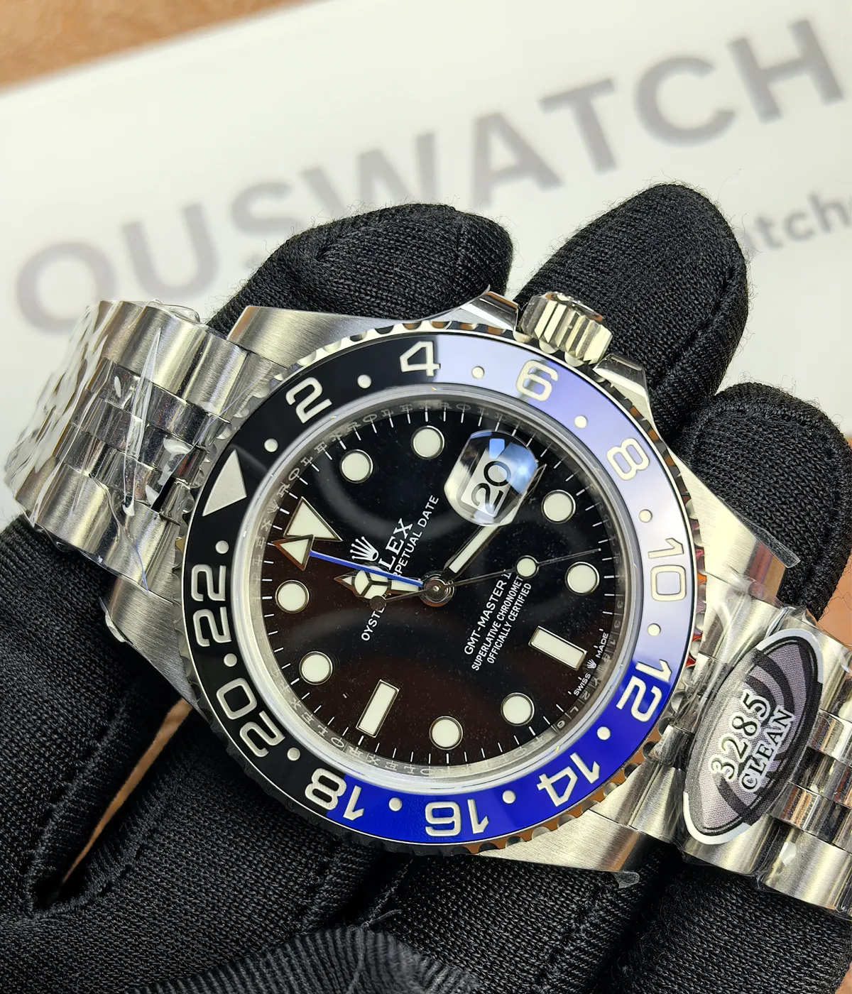 -45-degree angle view of the Rolex GMT-Master Blue M126710BLNR-0002 with a black dial and Oystersteel case.