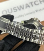 Close-up of the bracelet details on the Rolex GMT-Master Blue M126710BLNR-0002 with a black dial and Oystersteel case.