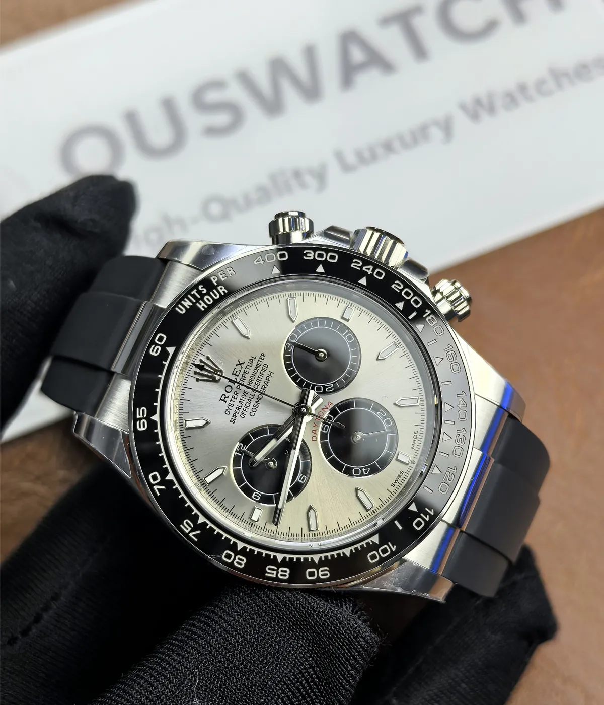 -45-degree angle view of the Rolex Ghost Oysterflex Daytona 126519LN with an 18K white gold case, silver dial, and Oysterflex bracelet.