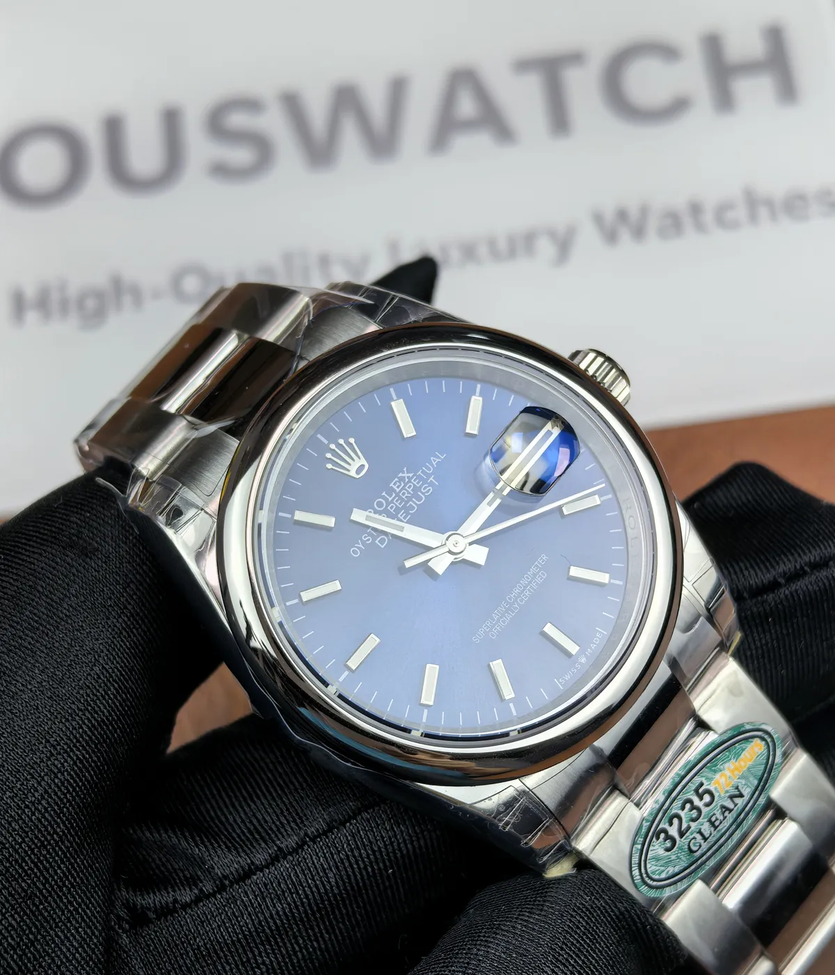 -45-degree angle view of the Rolex M276200-0006 28mm with a blue dial and Oyster steel strap.