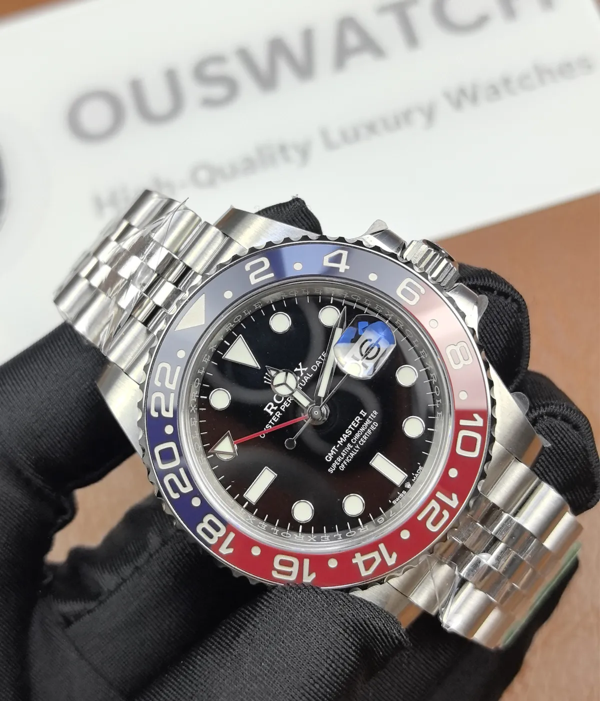 -45-degree angle view of the Rolex Pepsi GMT-Master II M126719BLRO-0001 with a black dial and white gold case.