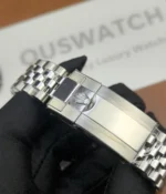 Close-up view of the clasp on the Rolex Pepsi GMT-Master II M126719BLRO-0001 with a black dial and white gold case.