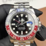 Front view of the Rolex Pepsi GMT-Master II M126719BLRO-0001 with a black dial and white gold case.