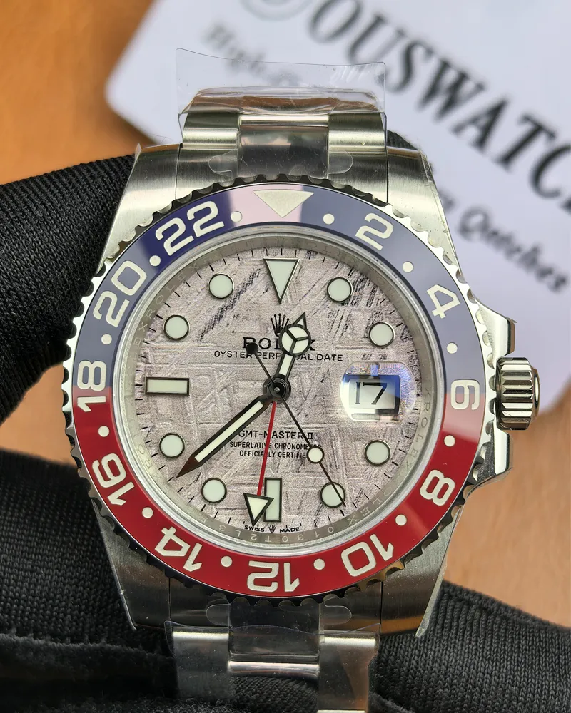 Front view of the Rolex Pepsi Meteorite Dial GMT-Master II M126719BLRO-0002 with a white gold case and meteorite dial.