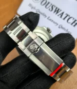 Close-up view of the clasp on the Rolex Pepsi Meteorite Dial GMT-Master II M126719BLRO-0002 with a white gold case.