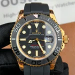 Front view of the Rolex Rose Gold Yachtmaster 126655-0002 with a 40MM black dial, rubber strap, and rose gold case.