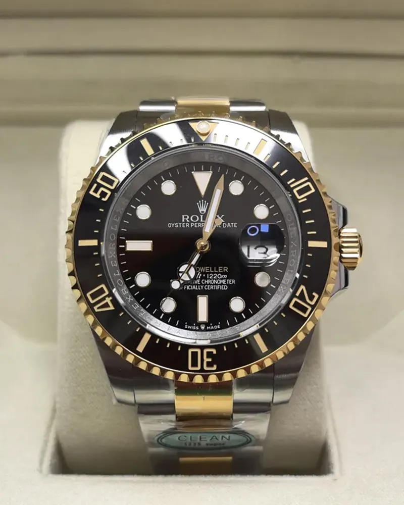 Front view of the Rolex Sea Dweller M126603-0001 with a 43MM Oystersteel and yellow gold two-tone case and black dial.