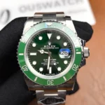 Front view of the Rolex Submariner Date 116610LV-0002 with a 40MM green dial and Oystersteel case.