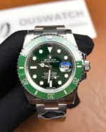Front view of the Rolex Submariner Date 116610LV-0002 with a 40MM green dial and Oystersteel case.