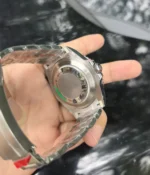 Close-up of the crown and caseback on the Rolex Submariner Date 126610LN 41MM with a black dial and ceramic bezel.