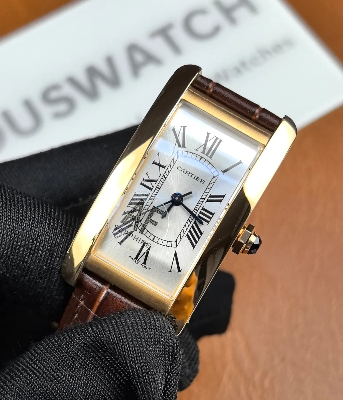 Close-up of the dial and case details on the Tank Louis Cartier White Dial Gold Women's Replica Watch.