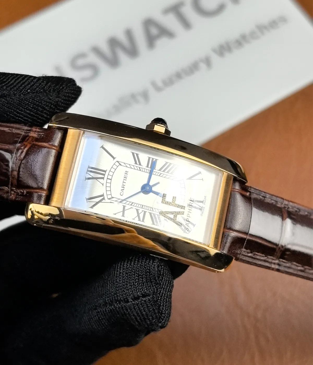 180-degree angle view of the Tank Louis Cartier White Dial Gold Women's Replica Watch.