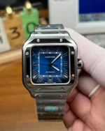 Cartier Santos WSSA0030 Large Blue Dial replica watch main view, showcasing square case and blue dial