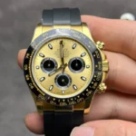 Front view of the Rolex Cosmograph Daytona M116518LN-0048 replica watch with champagne dial and black sub-dials