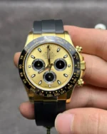 Front view of the Rolex Cosmograph Daytona M116518LN-0048 replica watch with champagne dial and black sub-dials