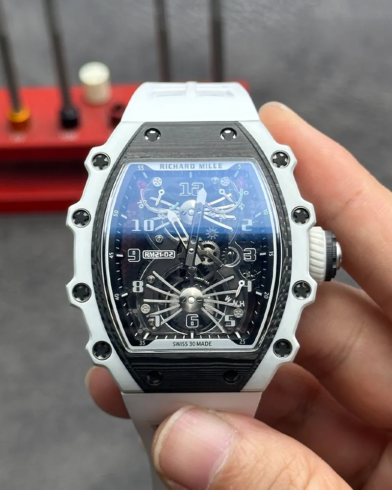 Richard Mille RM 21-01 Tourbillon replica watch main view with skeleton dial and tonneau case