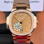 Patek Philippe Nautilus 7118R-001 replica watch in rose gold with diamond-set bezel, front view