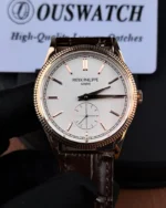 Front view of Patek Philippe Calatrava 6119R-001 39MM replica watch in rose gold with white dial